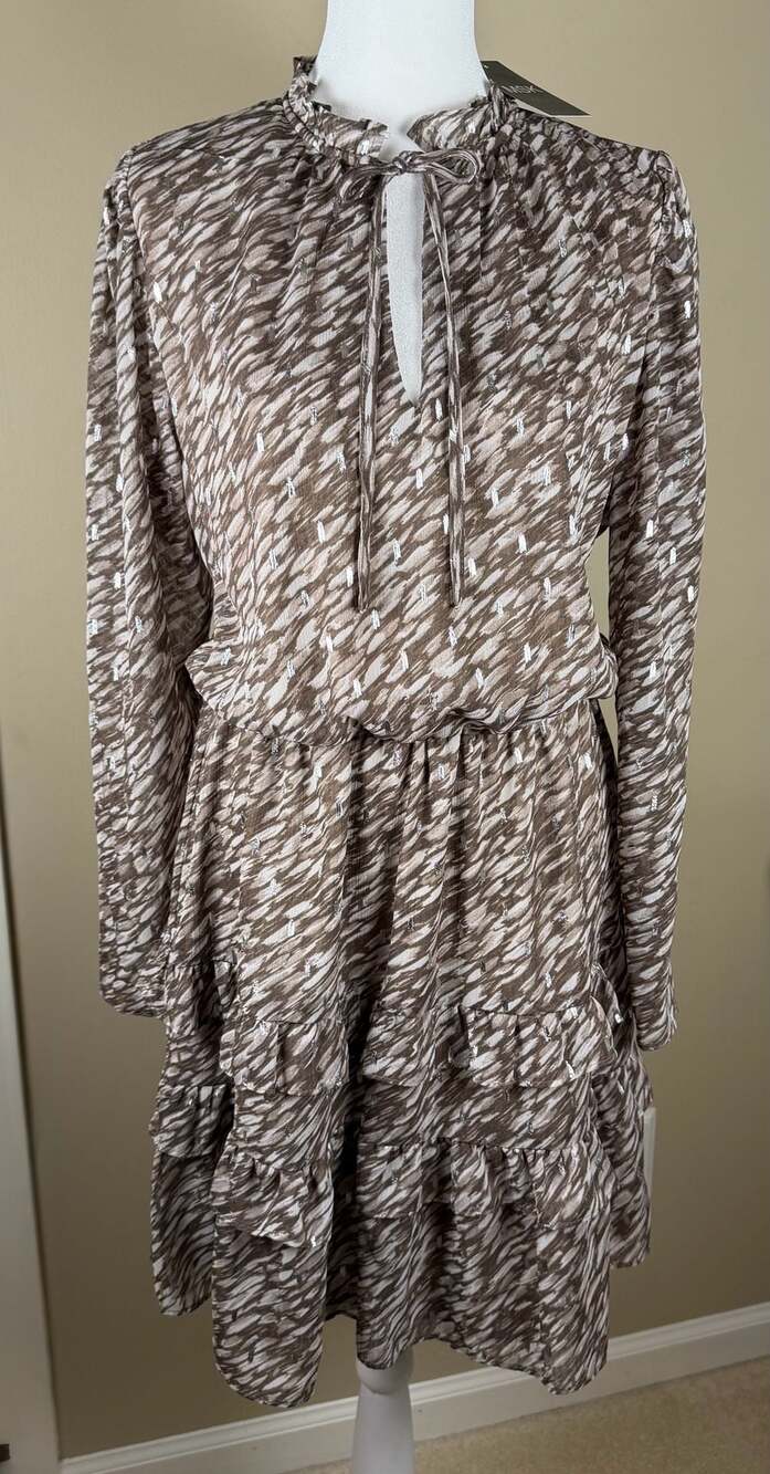 MSK NWT Chiffon Split Neck Fit Flare Tiered Dress Mushroom Brown M 93184764S